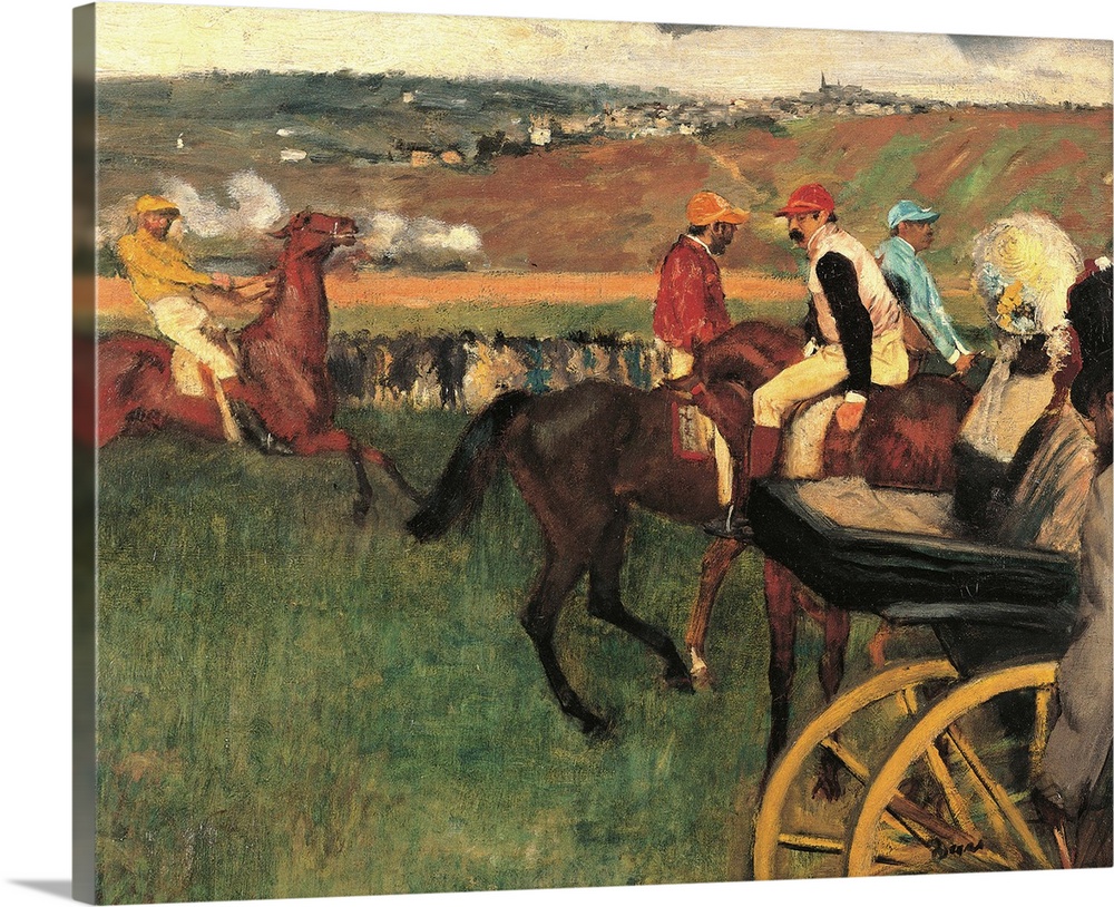 The Racecourse, Amateur Jockeys Near a Carriage, by Edgar Degas, 1876 - 1887 about, 19th Century, oil on canvas, cm 66 x 8...