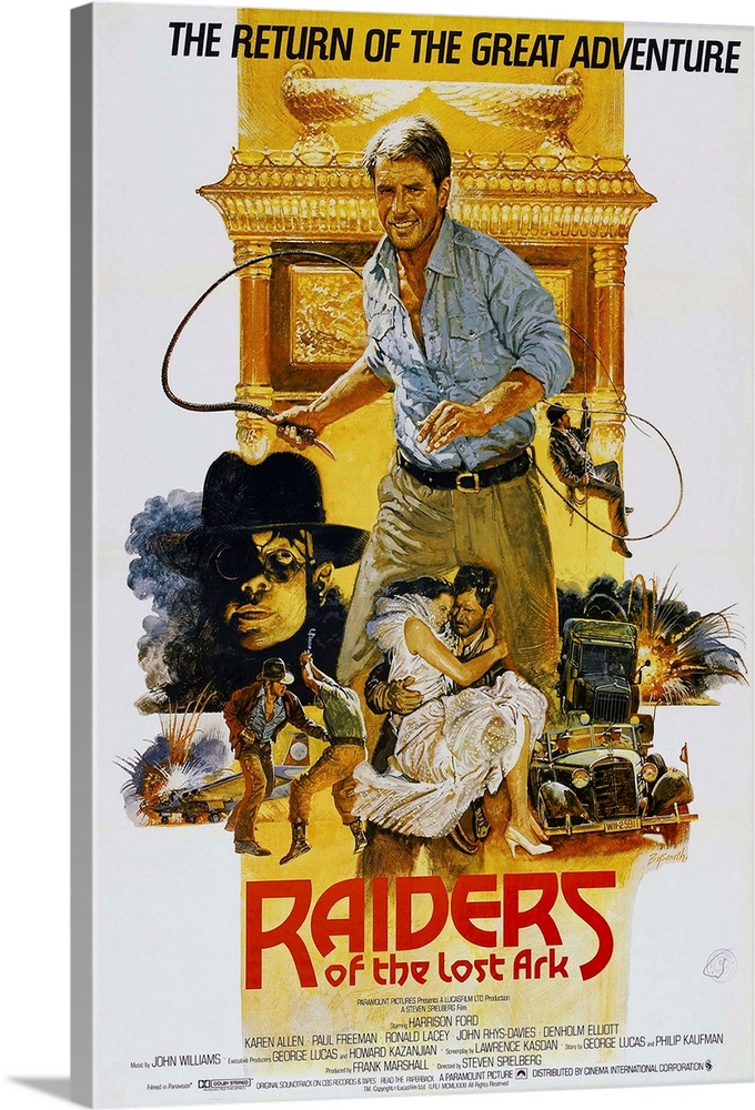RAIDERS OF THE LOST ARK, British poster art, Harrison Ford, (center), 1981.