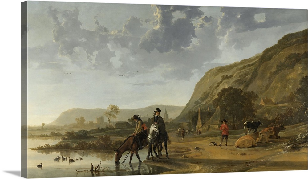 River Landscape with Riders, by Aelbert Cuyp, 1653-57, Dutch painting, oil on canvas. Dutch officers halt at the river, an...