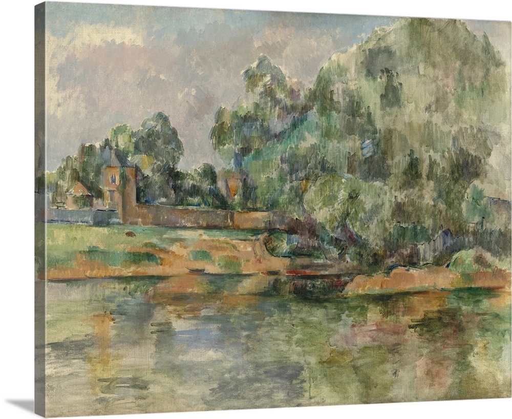 Riverbank, by Paul Cezanne, 1895, French Post-Impressionist painting, oil on canvas. The land, foliage, water, and buildin...