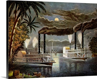 Riverboats on the Mississippi, c. 1850s, Color Engraving