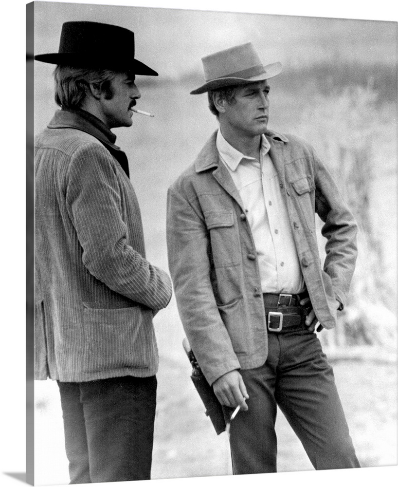 Robert Redford, Paul Newman smoking cigarettes between takes on BUTCH CASSIDY AND THE SUNDANCE KID, 1969.
