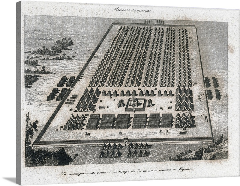 Roman encampment of Spain. Ca. 218 BC-19 BC. Copper engraving by A ...