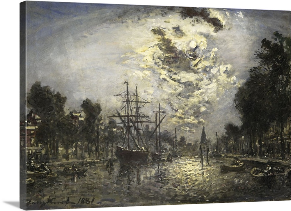 Rotterdam Moonlight, by Johan Barthold Jongkind, 1881, Impressionist Dutch Painting, oil on canvas. Canal in Rotterdam as ...