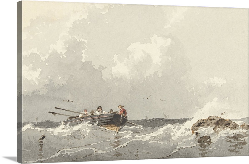 Row Boat at Sea, by Frans Arnold Breuhaus de Groot, ca. 1840-70, Dutch watercolor. Five seamen in small boat near a rock.