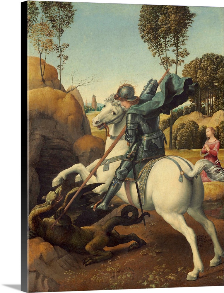 Saint George and the Dragon, by Raphael, c. 1506, Italian Renaissance painting, oil on panel. George was patron saint of E...