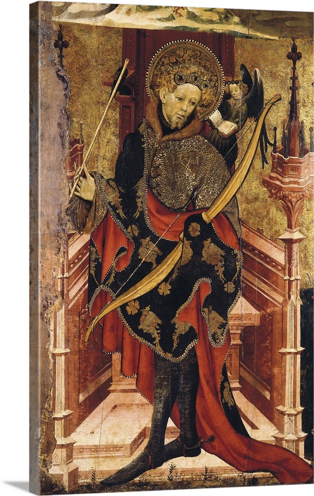 MATES, Joan (14th century-15th century). Saint Sebastian and Crucifixion. ca. 1417 - ca. 1425. Lower detail depicting Sain...