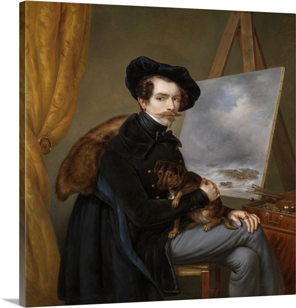 Self-Portrait, by Louis Meijer, 1838, Dutch painting, oil on canvas. Wearing a black beret, the artist is at his easel wit...