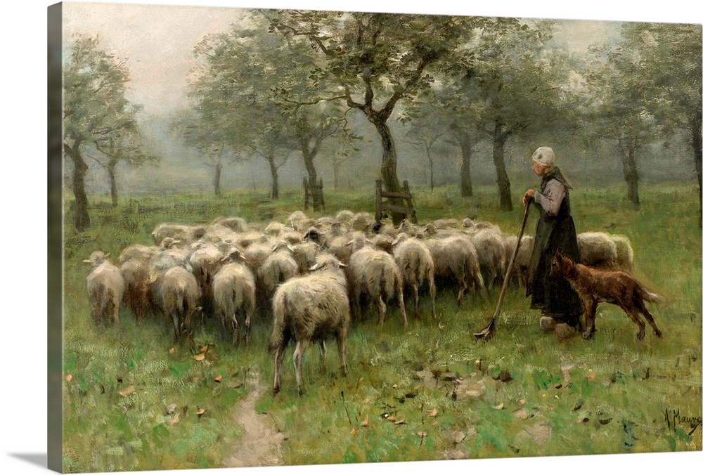 flock of sheep shepherdess painting pastoral oil painting original on wood Dutch sheep oil painting sheep in pasture farmer painting