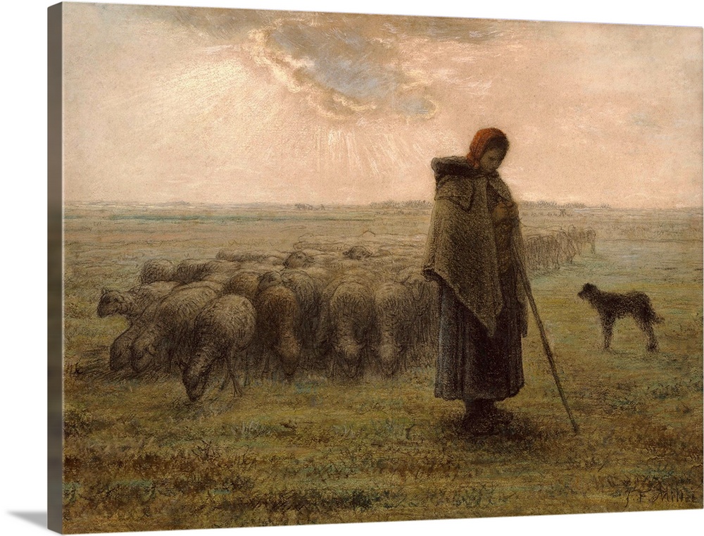Shepherdess with her Flock, by Jean-Francois Millet, 1862-63, French drawing, black chalk and pastel. The shepherdess and ...