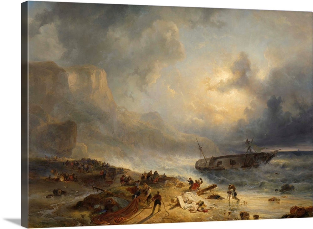 Shipwreck off a Rocky Coast, by Wijnand Nuijen, c. 1837, Dutch painting, oil on canvas. After a three-masted ship foundere...