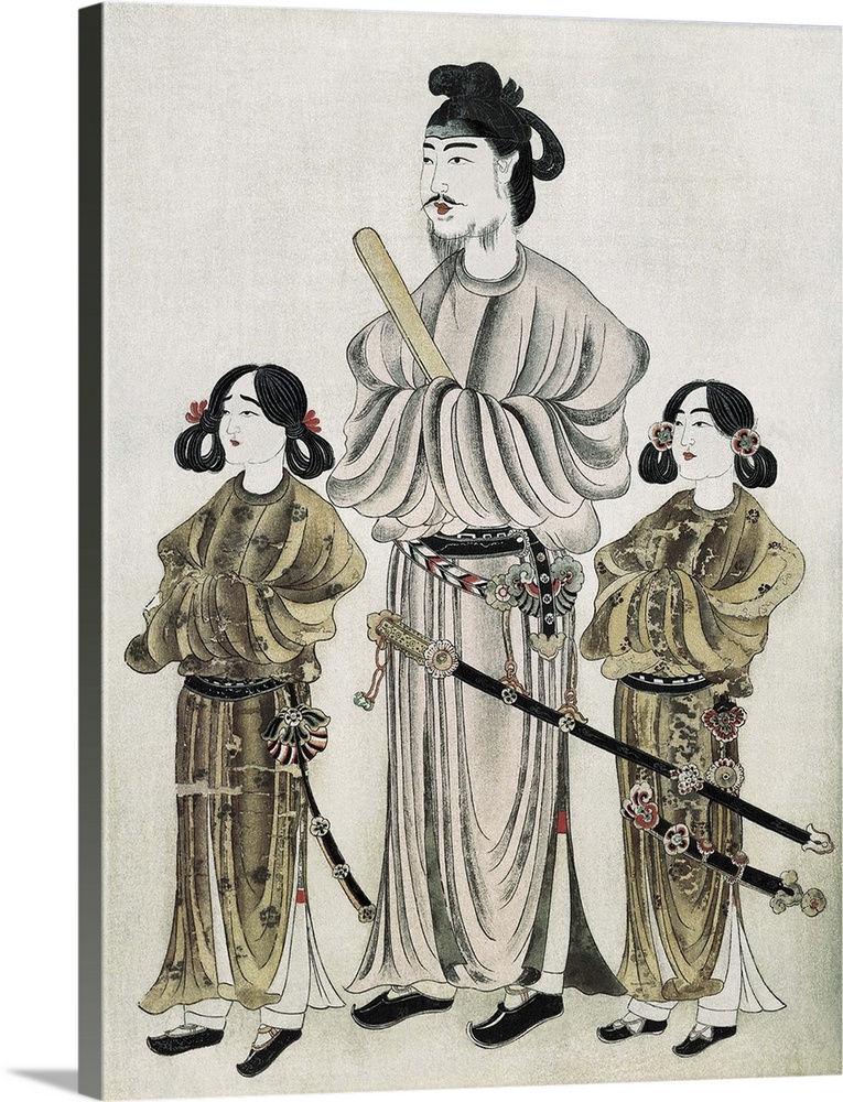 Portrait of Shotoku Taishi and his daughters. 8th century. Japanese art. Painting. JAPAN. Tokyo. Tokyo National Museum. -