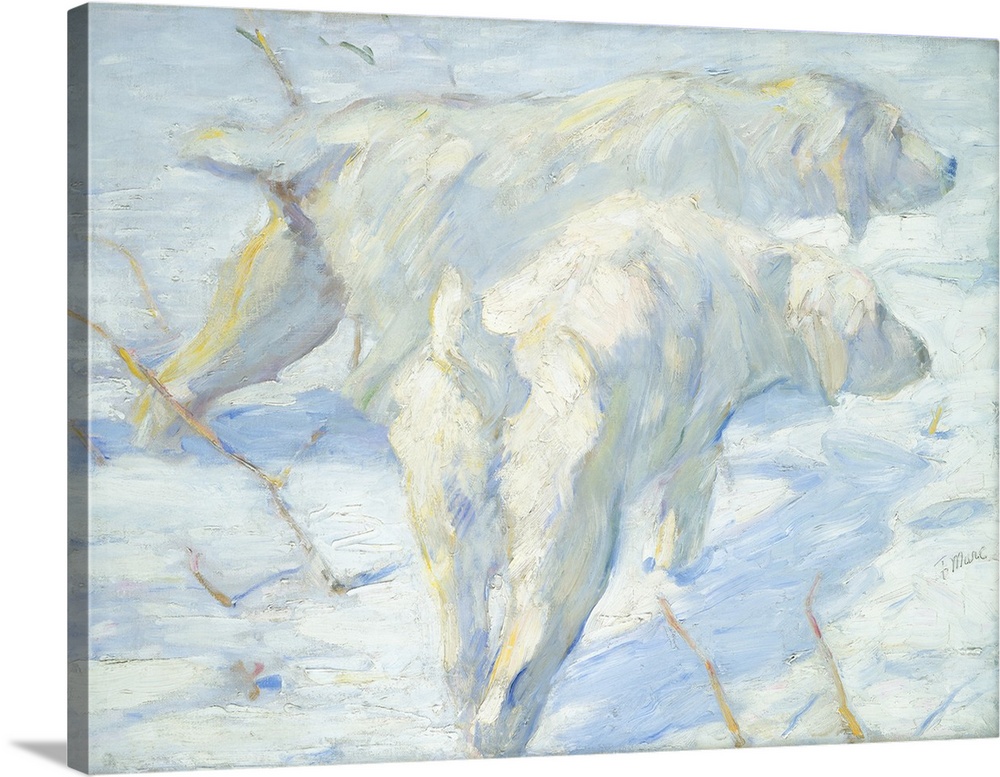 Siberian Dogs in the Snow, by Franz Marc, 1909-10, German painting, oil on canvas. This realist image was painted shortly ...