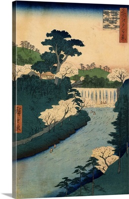 Small Boats on a River with Waterfall, 19th Century Japanese Woodcut