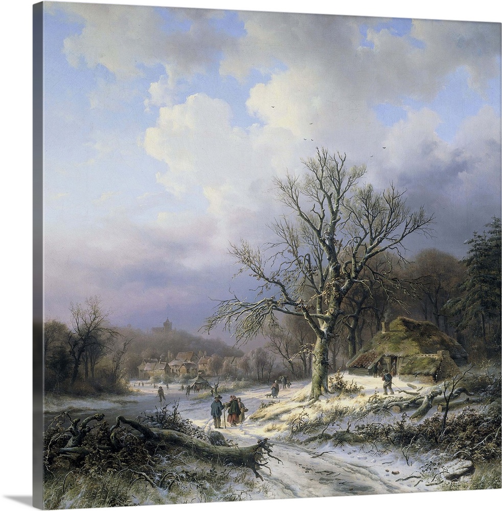 Snow Landscape, by Alexander Joseph Daiwaille, 1845, Dutch painting, oil on canvas. Townspeople socializing, carrying wood...