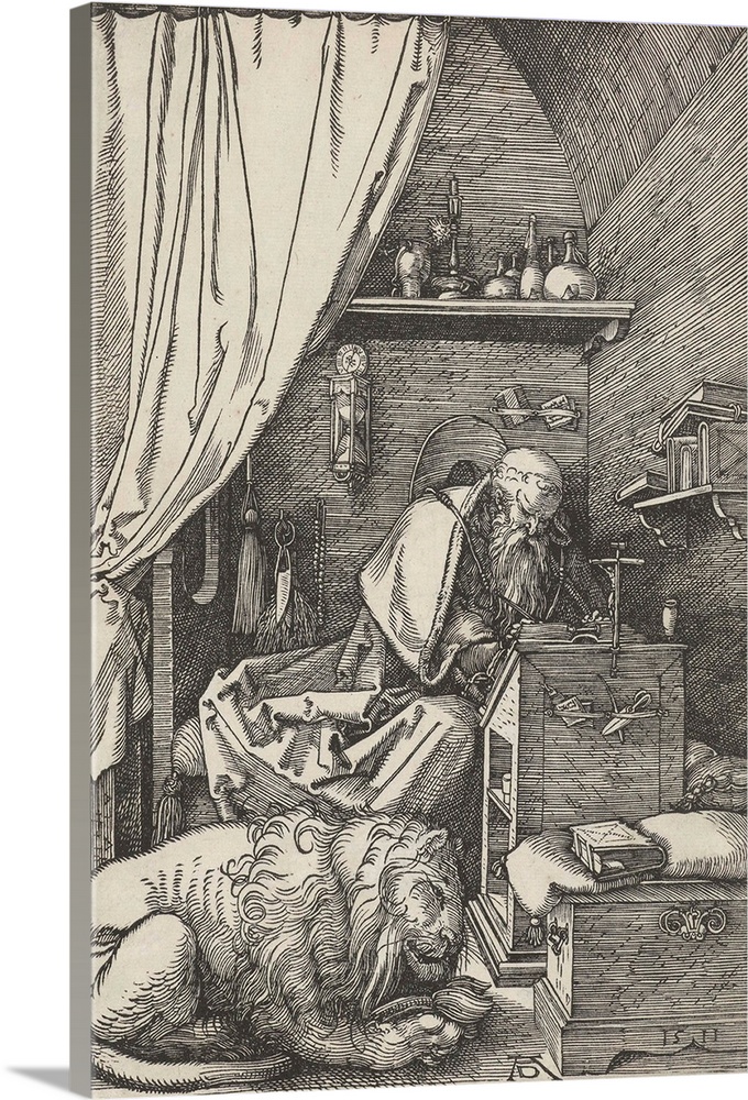 St. Jerome in his Study, by Albrecht Durer, 1511, German print, wood engraving. The Doctor of the Latin Church sits in a s...
