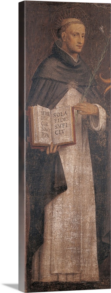 Italy, Lombardy, Milan, Brera Art Gallery. Detail. St Thomas Aquinas lily book garment dress cloth white black. Fresco rem...