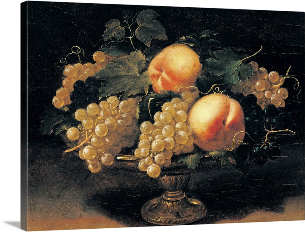 Nuvolone Panfilo, Still Life with Peaches, White Grapes, Black Grapes, Vine Leaves and Metal Cup, 1620, 17th Century, oil ...