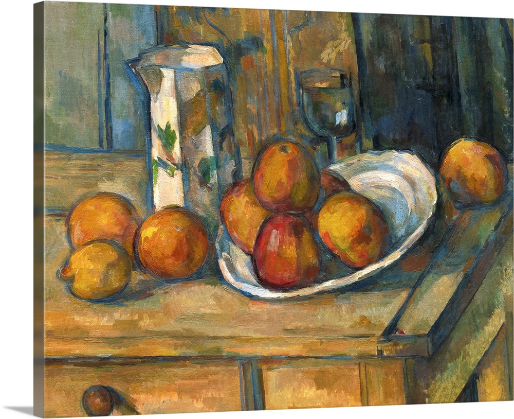 Still Life with Milk Jug and Fruit, by Paul Cezanne, 1900, French Post-Impressionist painting, oil on canvas. This is a ri...