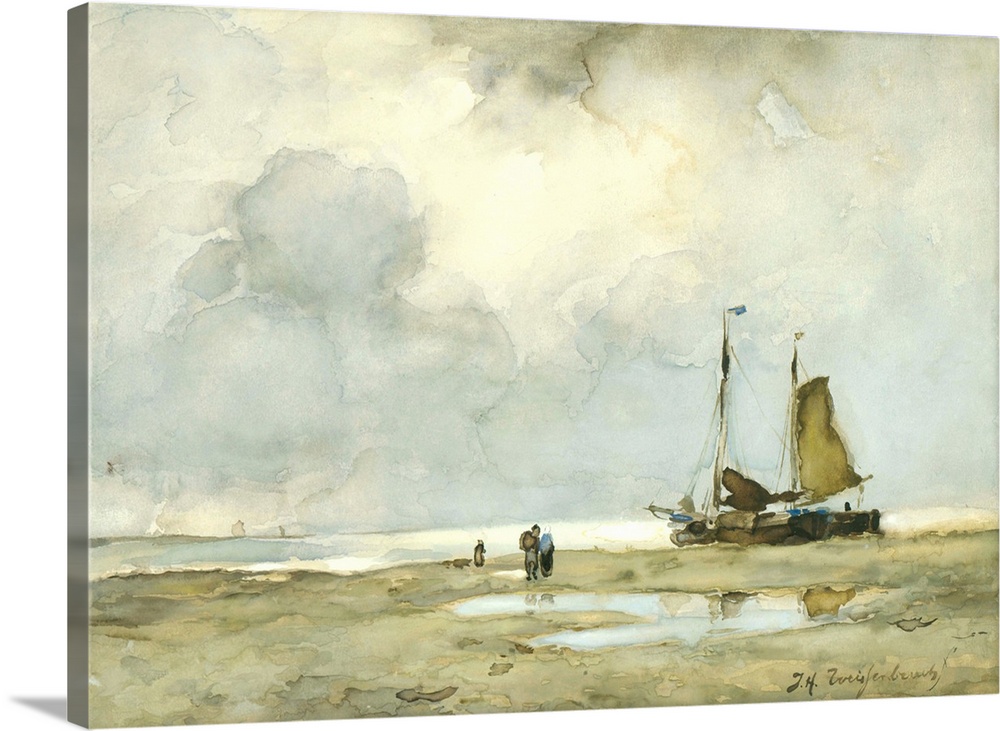 Beached Boat, by Johan Hendrik Weissenbruch, c. 1895, Dutch watercolor painting.