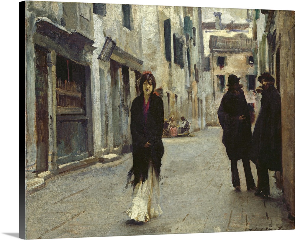 Street in Venice, by John Singer Sargent, 1911, American painting, oil on wood panel. A young women walks alone in Venice,...