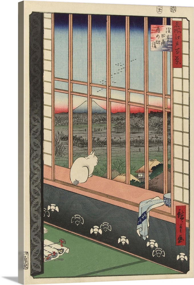 Temple procession to Torinomachi in the Rice Fields of Asakusa, by Hiroshige 1st and Utagawa, 1857, Japanese woodcut. A wh...
