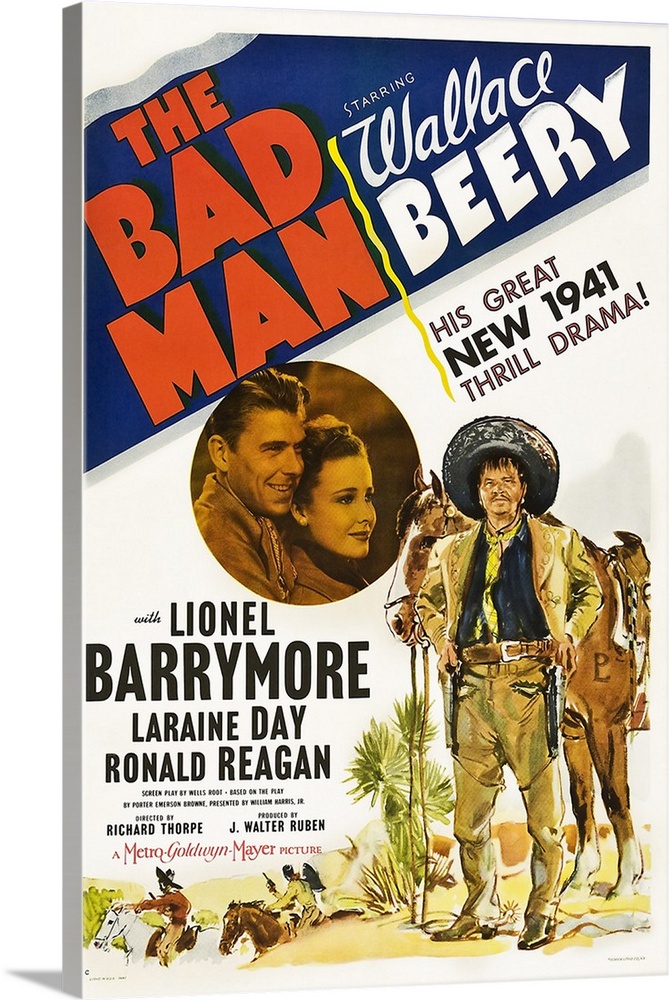 THE BAD MAN, US poster, from left: Ronald Reagan, Laraine Day, Wallace Beery, 1941