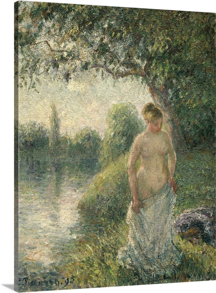 The Bather, by Camille Pissarro, 1895, French impressionist painting, oil on canvas. Semi-nude bather in a waterside lands...