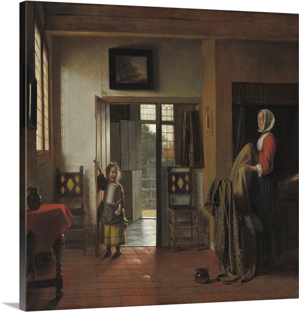 The Bedroom, by Pieter de Hooch, 1658-90, Dutch painting, oil on canvas. A child visits a busy mother tending to the chamb...