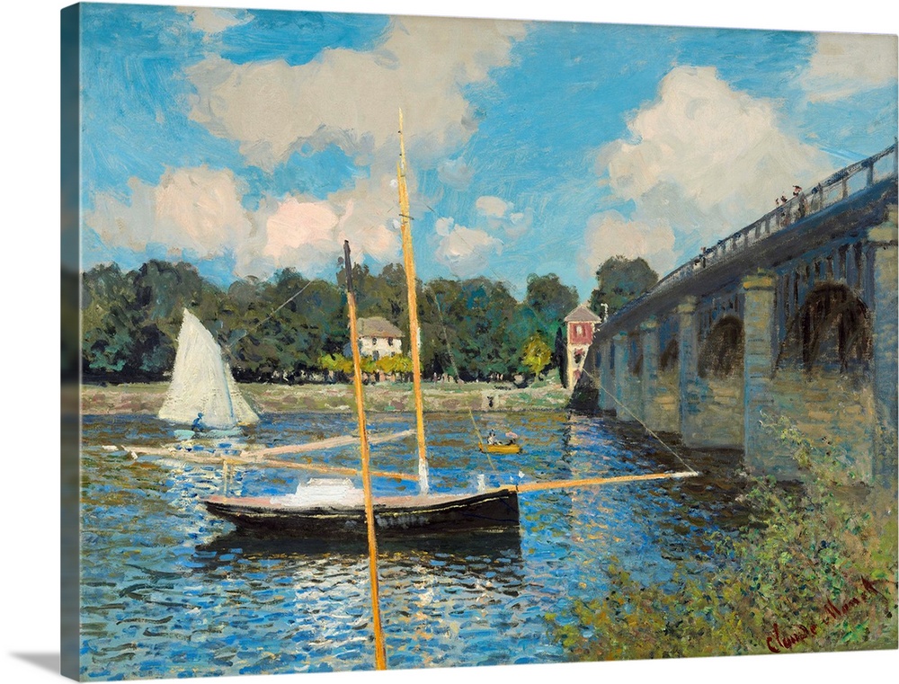 The Bridge at Argenteuil, by Claude Monet, 1874, French impressionist painting, oil on canvas. The bright blue of the sky ...