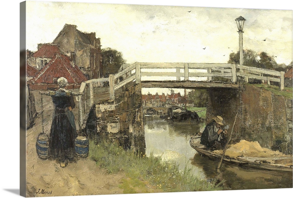 The Bridge, by Jacob Maris, c. 1879, Dutch painting, oil on canvas. Peasant Woman carries two pails of milk with a yoke, w...
