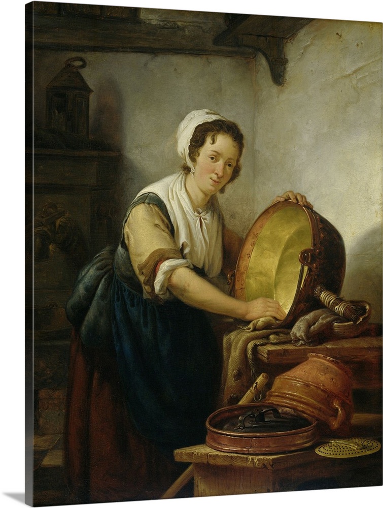 The Caldron Scrubber, by Abraham van Strij 1st, c. 1808-10. Dutch painting, oil on panel. Women in a kitchen cleaning a la...