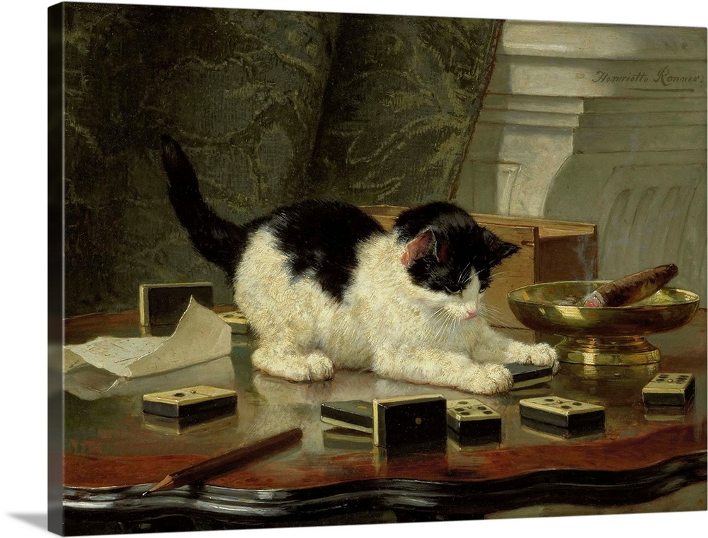 The Cat at Play, by Henriette Ronner, c. 1860-78, Belgian-Dutch painting on panel. Black and white cat on a table with a d...
