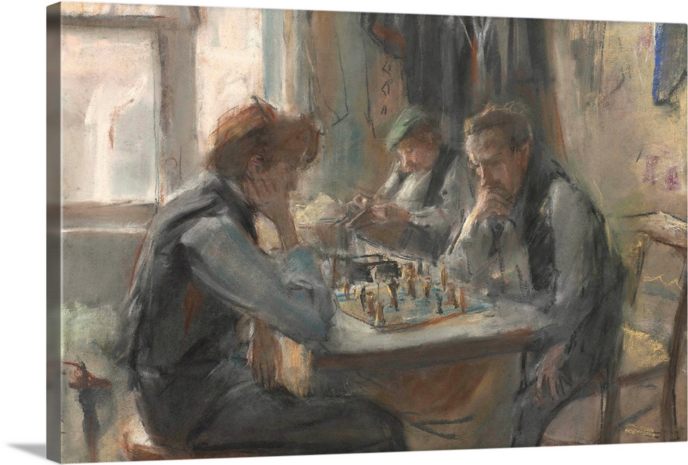 The Chess Players, by Isaac Israels, 1875-1922, Dutch art, colored chalk drawing on paper.