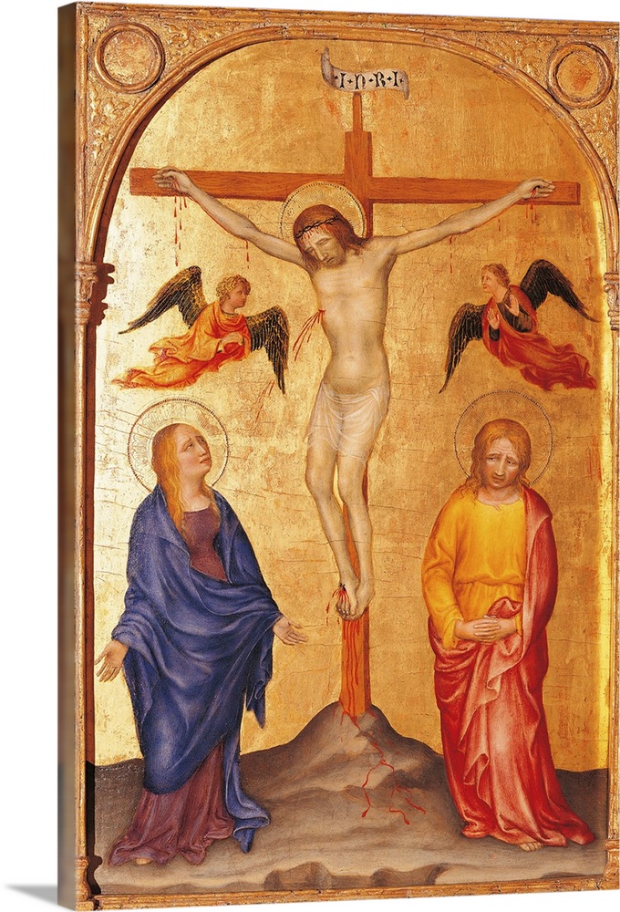 Italy, Lombardy, Milan, Brera art gallery. All. Crucifixion gold yellow blue red mantle cloak St John Madonna Jesus Christ...