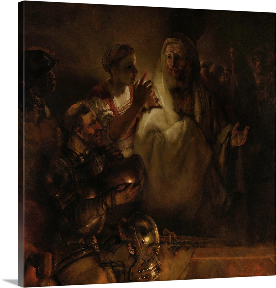 The Denial of St. Peter, by Rembrandt van Rijn, 1660, Dutch painting, oil on canvas. Countering the accusation of the maid...