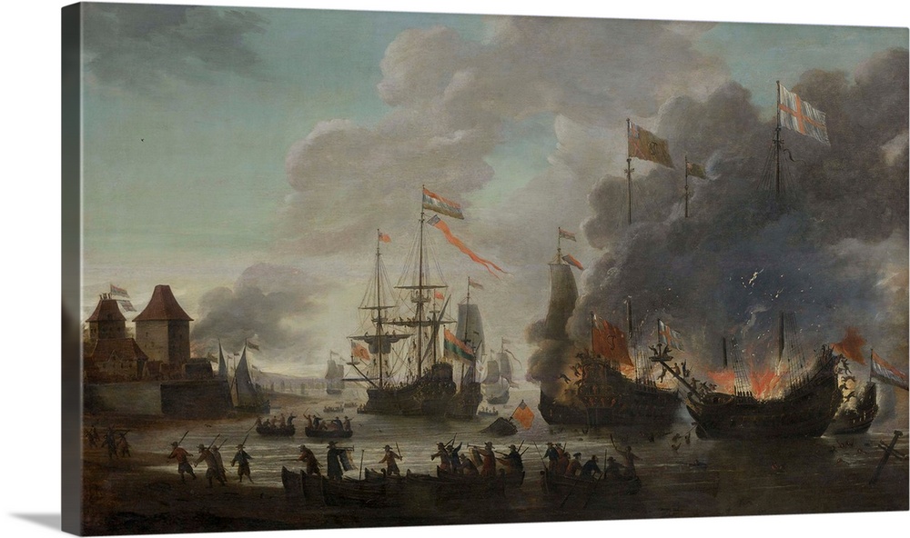 The Dutch Burn English Ships during the Expedition to Chatham, June 20, 1667 (Raid on the Medway), by Jan van Leyden, 1667...