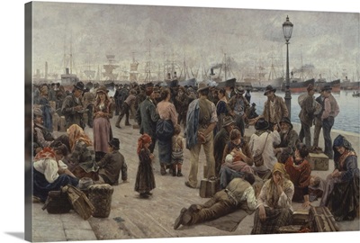 The Emigrants, Italian painting by Angelo Tommasi, 1896. Crowded dock scene in port