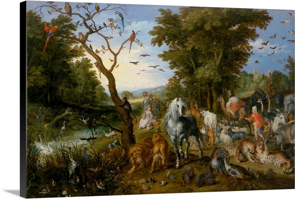 The Entry of the Animals into Noah's Ark, by Jan Brueghel the Elder, 1613, Flemish painting, oil on panel. Animals fill th...