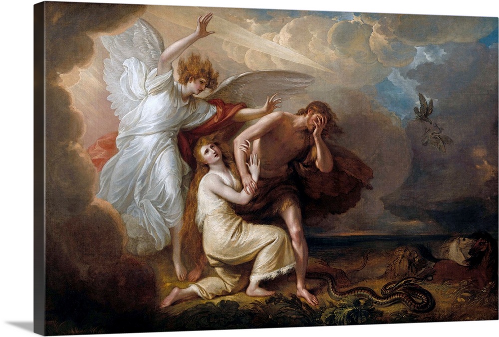 The Expulsion of Adam and Eve from Paradise, 1791, by Benjamin West, by Anglo-American painting, oil on canvas. Archangel ...