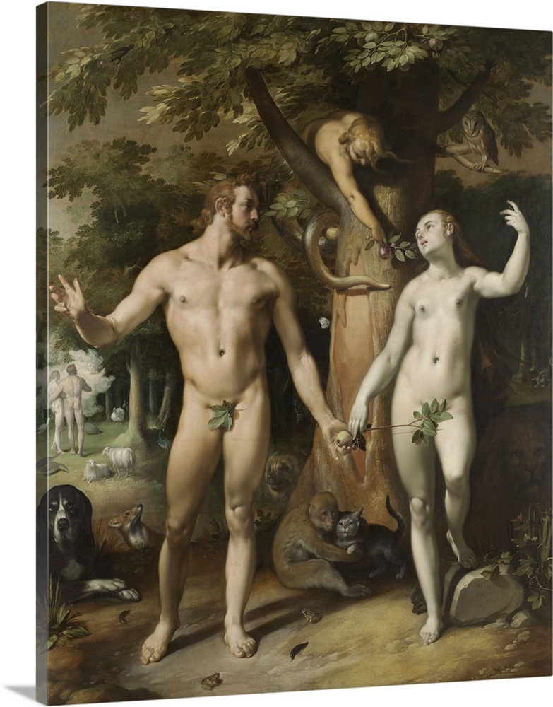 The Fall of Man, by Cornelis van Haarlem, 1592, Dutch painting, oil on canvas. In the left background, God, as a cloud wit...