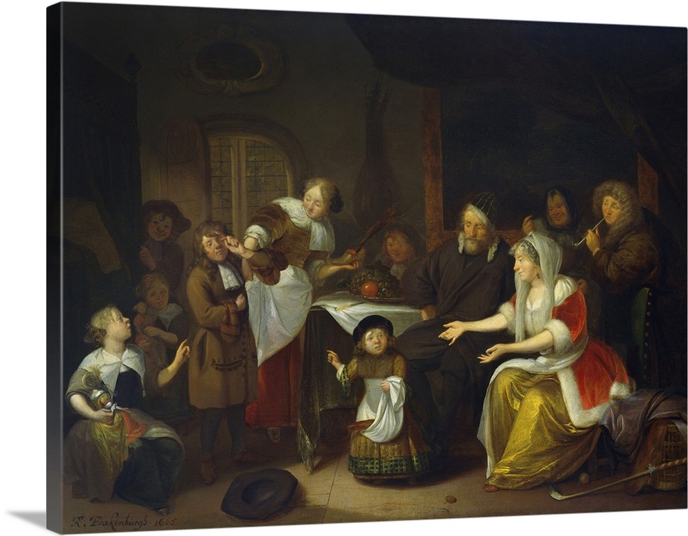 The Feast of St. Nicholas, by Richard Brakenburg, 1685, Dutch painting, oil on canvas. Interior in which a family with chi...