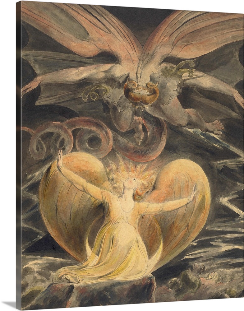 The Great Red Dragon and the Woman Clothed with the Sun, by William Blake, 1805, British painting, pen and ink with waterc...