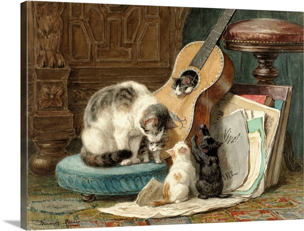The Harmonists, by Henriette Ronner, 1876-77, Dutch watercolor painting, on paper. A mother cat sits on a footstool near h...