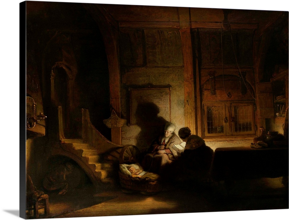 The Holy Family at Night, by workshop of Rembrandt van Rijn, 1642-48, Dutch painting, oil on panel. Interior lit by candle...
