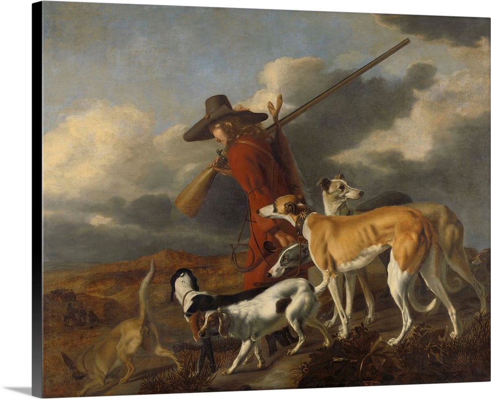 The Hunter, by Adriaen Beeldemaker, 1653, Dutch painting, oil on canvas. Returning hunter with his dogs and a dead hare ti...
