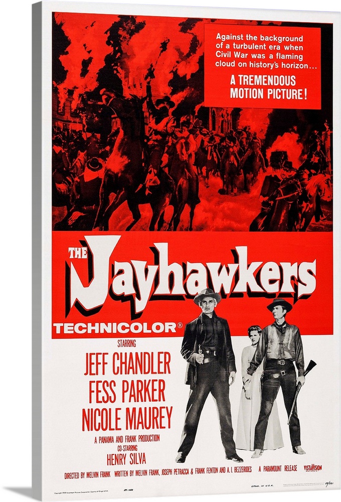 THE JAYHAWKERS, US poster art, from left: Jeff Chandler, Nicole Maurey, Fess Parker, 1959