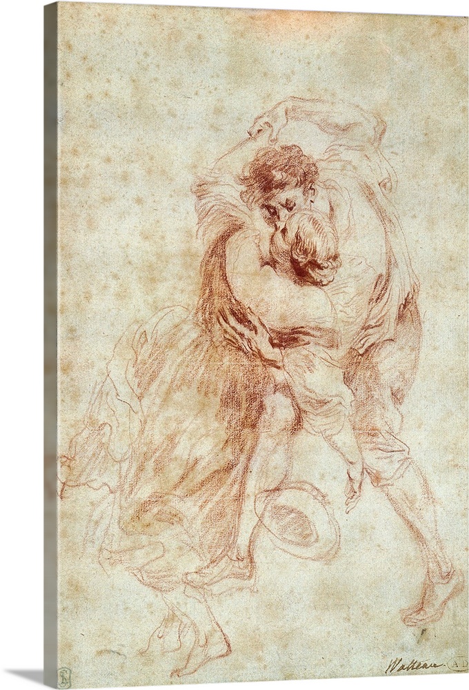 Jean Antoine Watteau (1684-1721), French School. The Kiss. Red chalk. Paris, musee du Louvre.