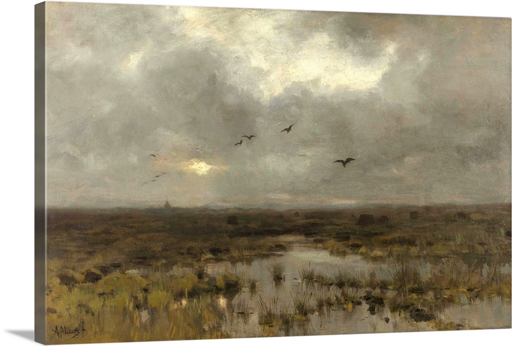 The Marsh, Anton Mauve, c. 1885-88, Dutch painting, oil on canvas. Overcast landscape with a marsh and a few birds.