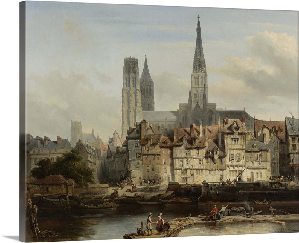 The Quay de Paris in Rouen, by Johannes Bosboom, 1839, Dutch painting, oil on canvas. Wharf with moored ships, wagons, and...